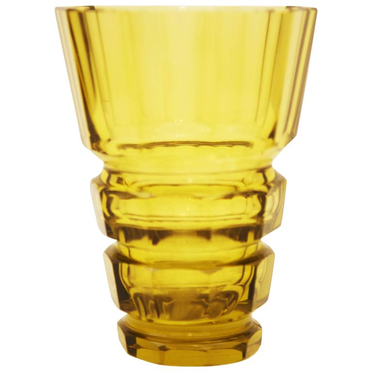 Yellow Art Deco Bohemian Crystal Glass Vase For Sale at 1stdibs