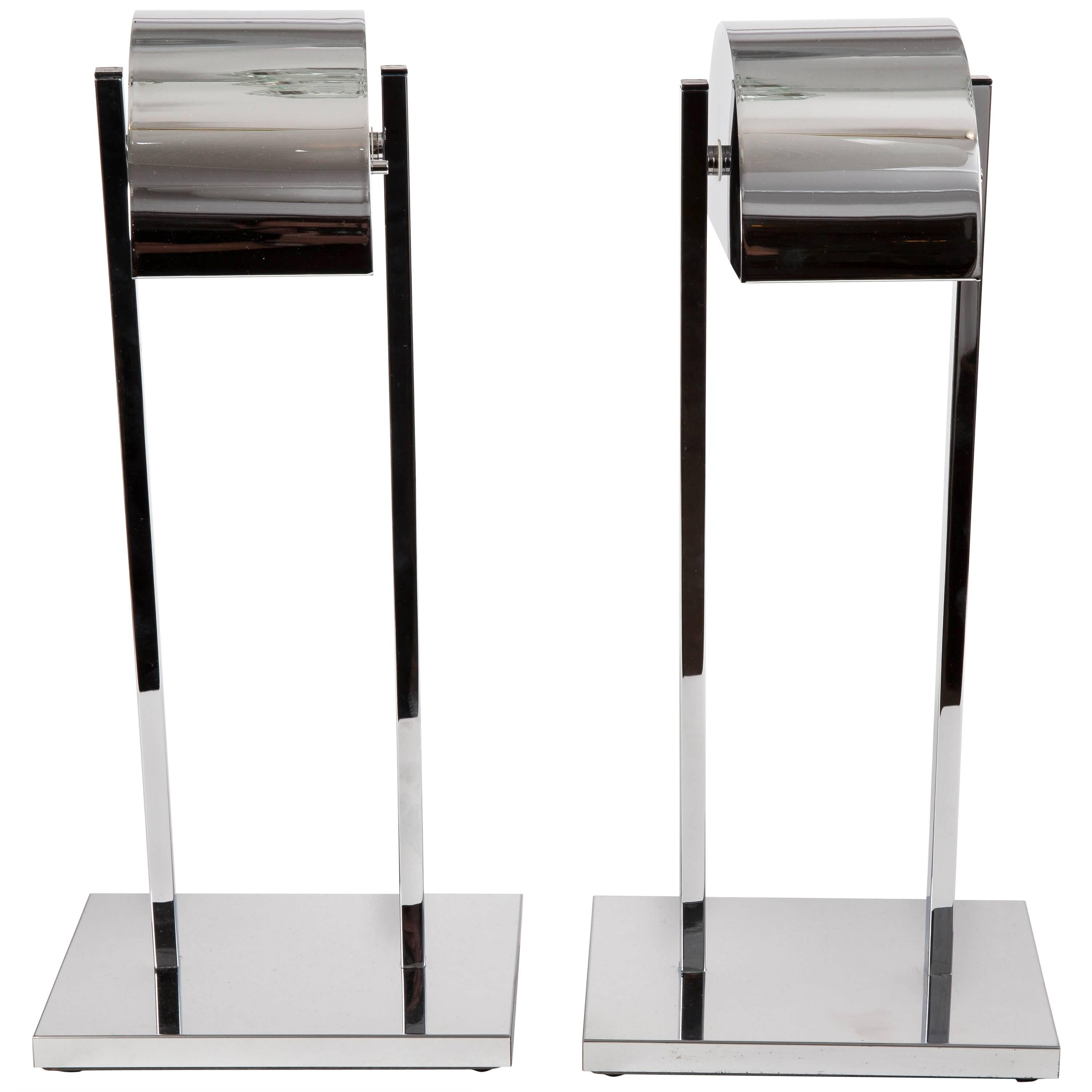 Pair of Chrome Table Lamps with Rotating Canopy and Dimmer by Kovacs