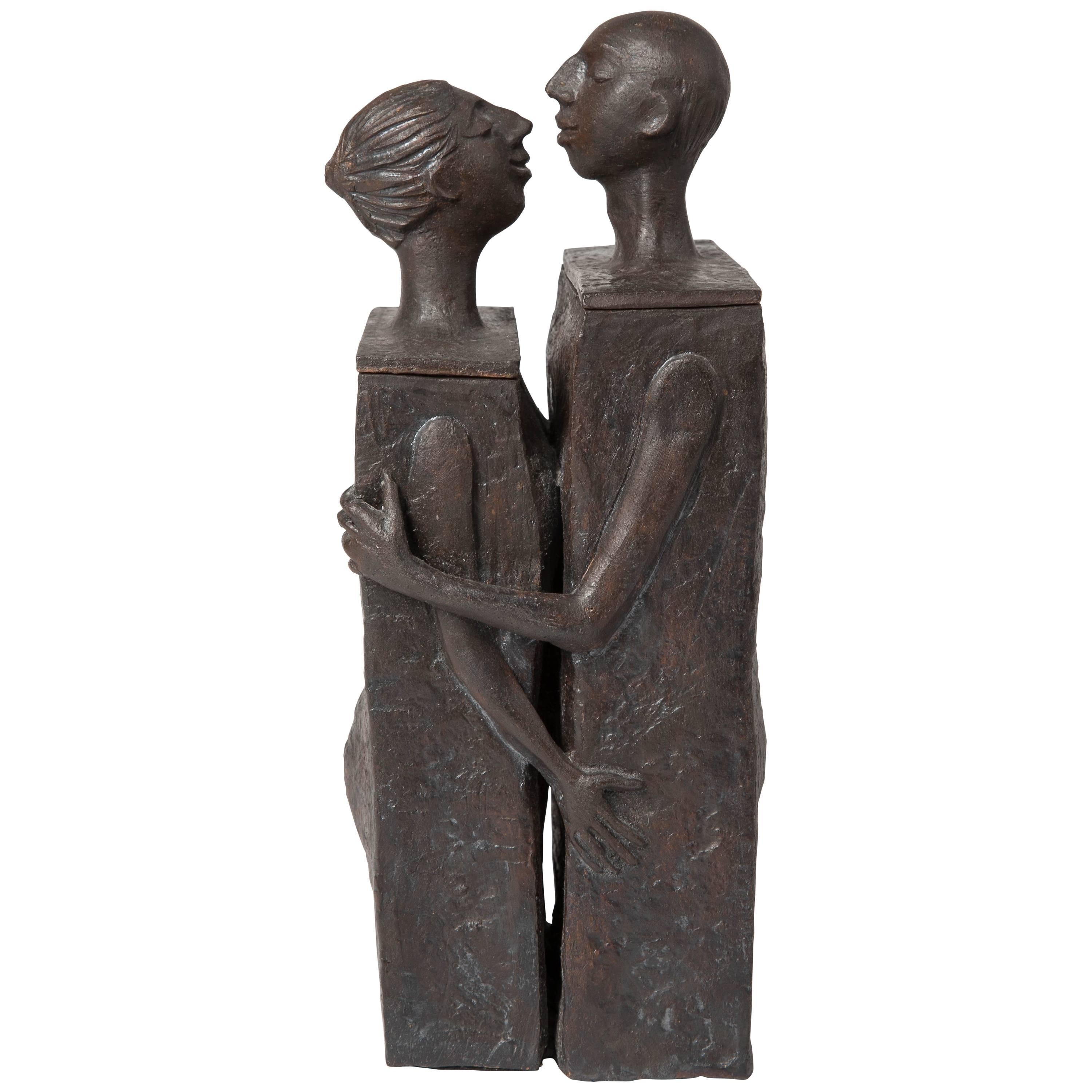 Embracing Male and Female Ceramic Figural Lidded Box Sculpture