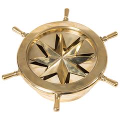 Retro Small Brass Nautical Themed Ash Tray with Rotating Ships Wheel Cover