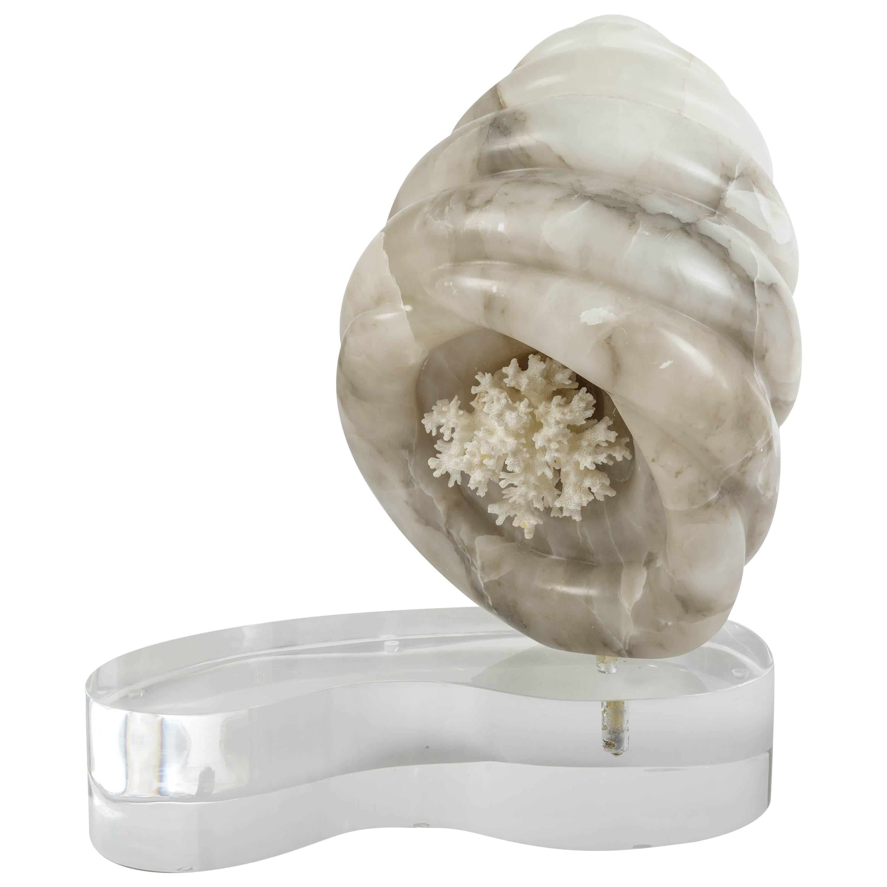 Marmor-Skulptur in Muschelform auf einem Lucite-Sockel mit Korallen innen