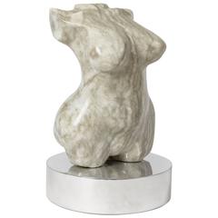 Petite Female Marble Nude Torso Sculpture on Nickel Base