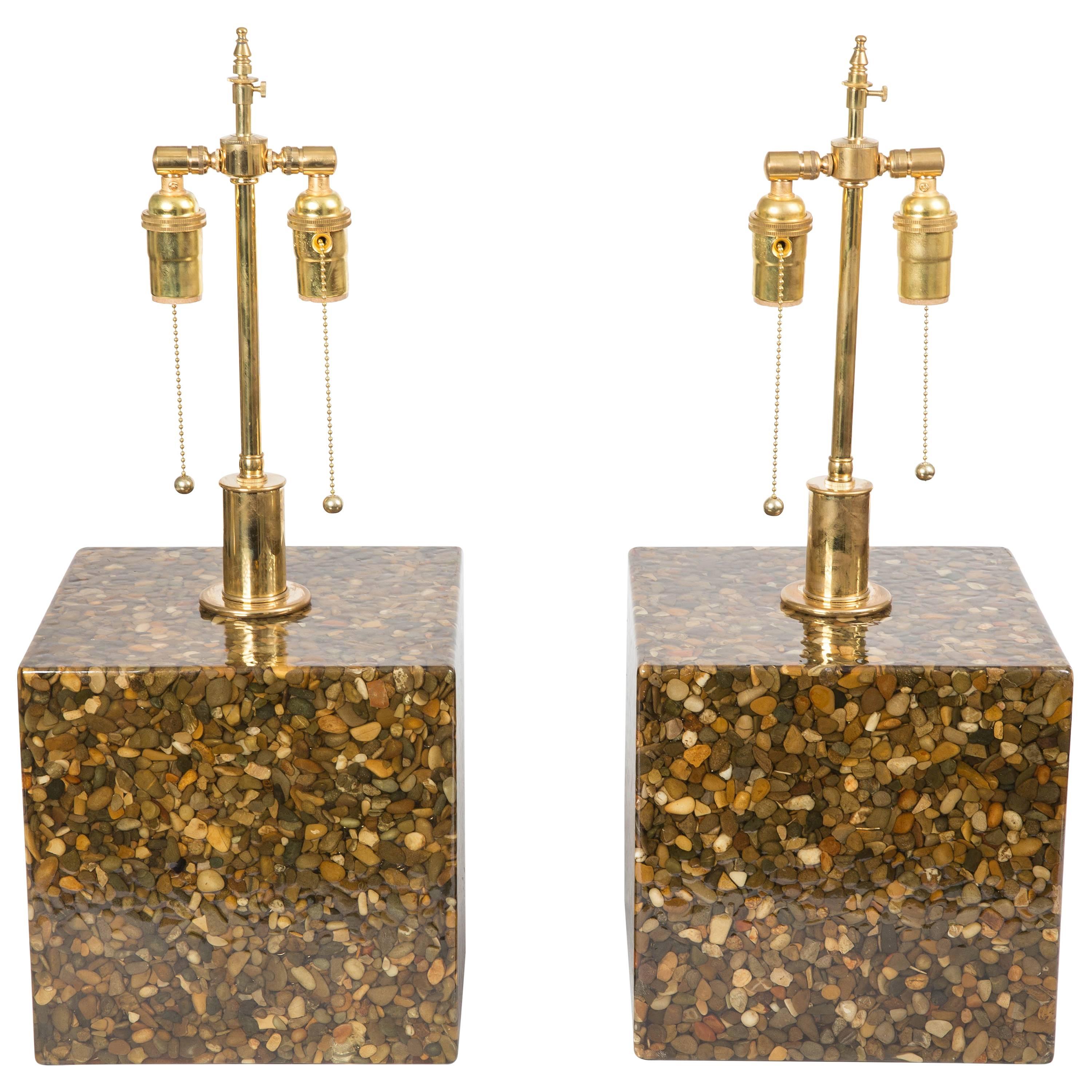 Pair of Cubic Resin and Pebble Lamps with Brass Hardware