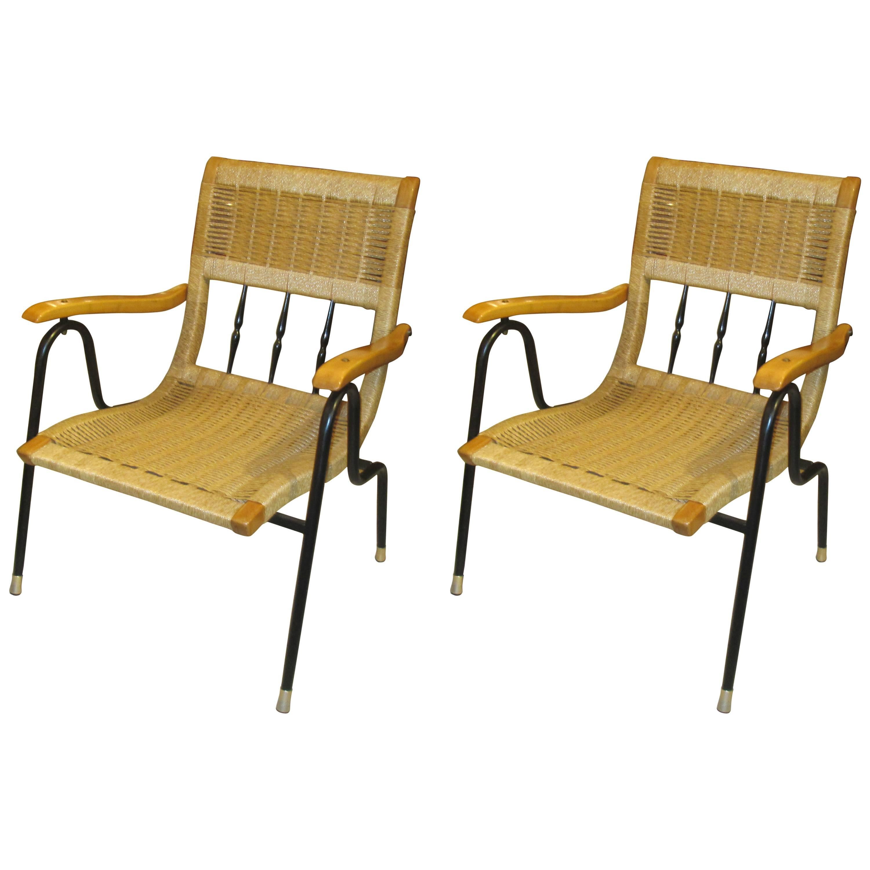 Pair of Mid-Century Italian Rattan and Iron Armchairs