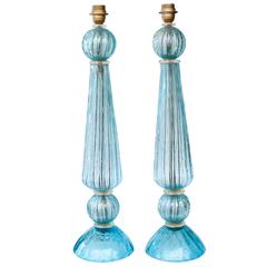 Fine Pair of Vintage Aquamarine and Gold Blown Murano Lamps