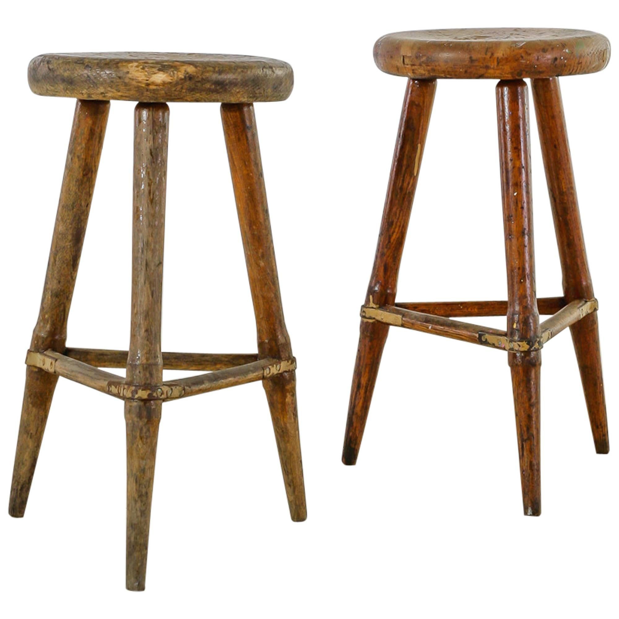 Pair of High Scandinavian Wooden Tripod Stools with Iron Connections, 1930s For Sale