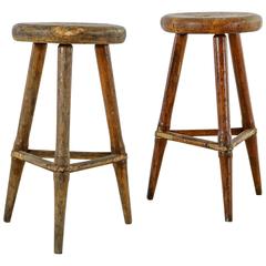 Pair of High Scandinavian Wooden Tripod Stools with Iron Connections, 1930s