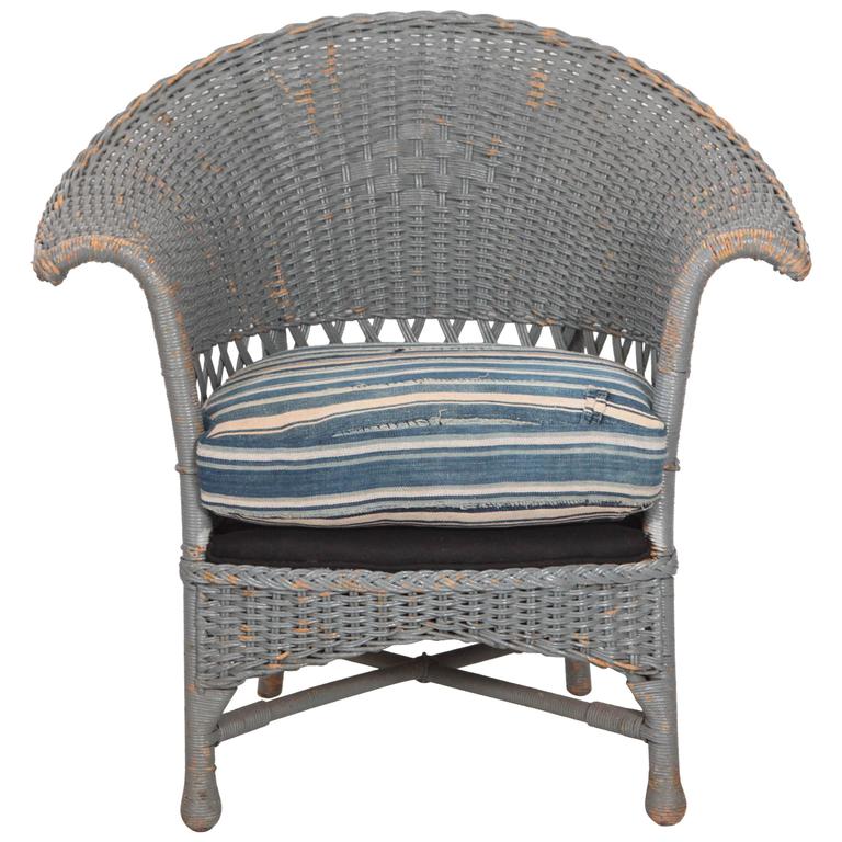 Vintage Wicker Veranda Chair with African Mudcloth Cushion For Sale at