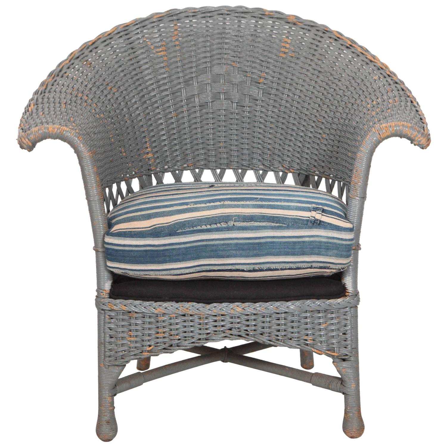 Vintage Wicker Veranda Chair with African Mudcloth Cushion For Sale at