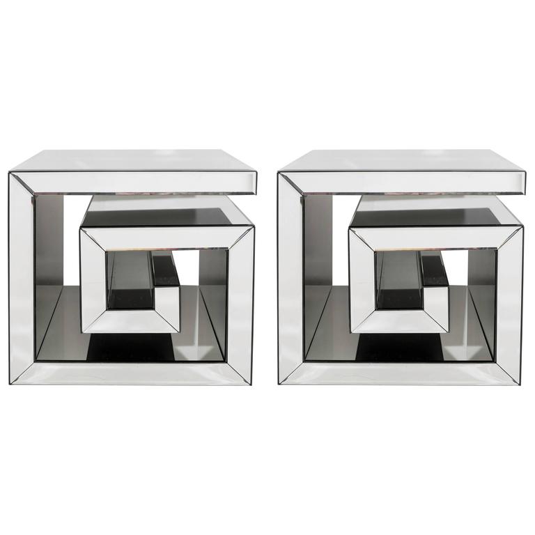 Pair of CustomMade Mirrored Greek Key Side Tables at 1stDibs greek