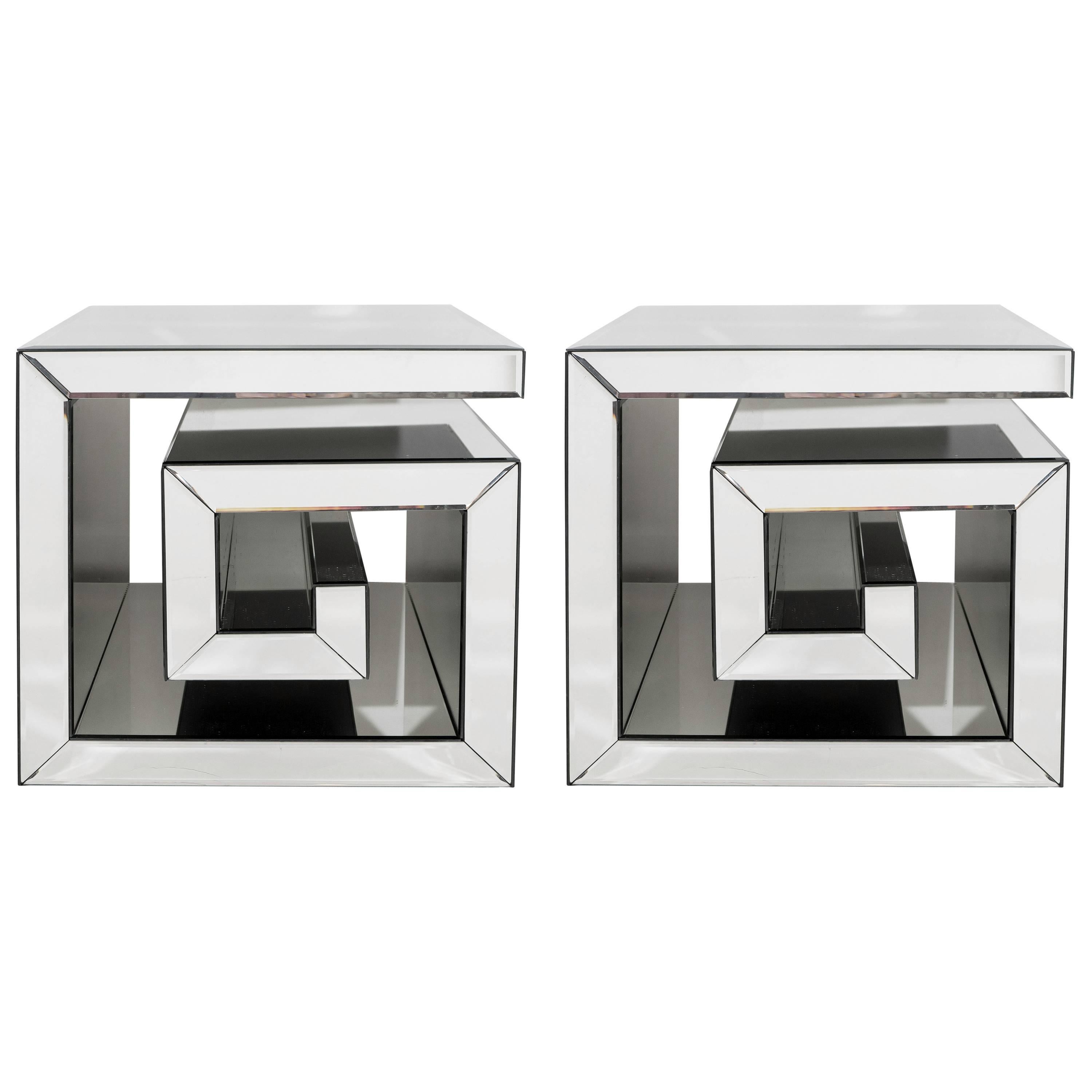 Pair of Custom-Made Mirrored Greek Key Side Tables