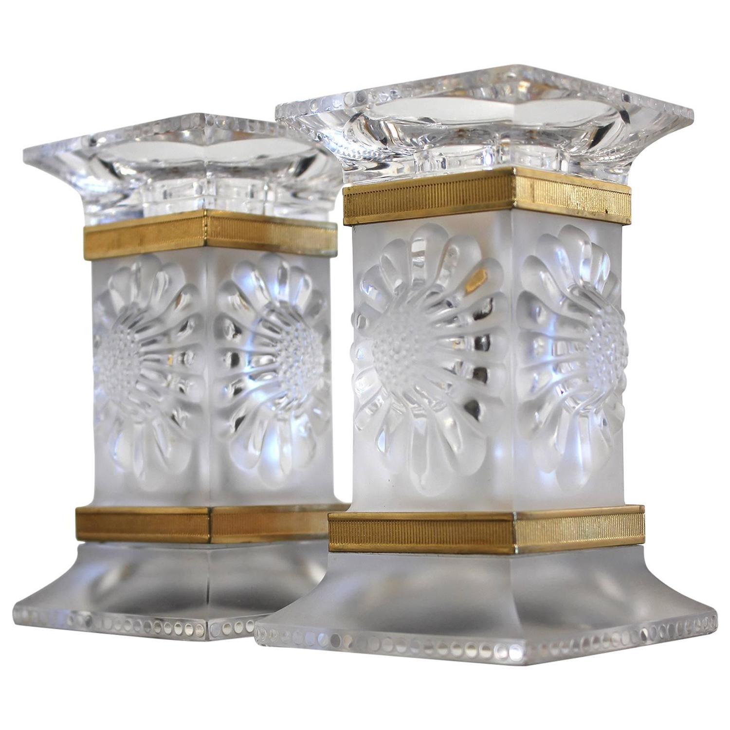 Vintage Pair of Lalique Crystal Candlesticks Candle Holders, France at