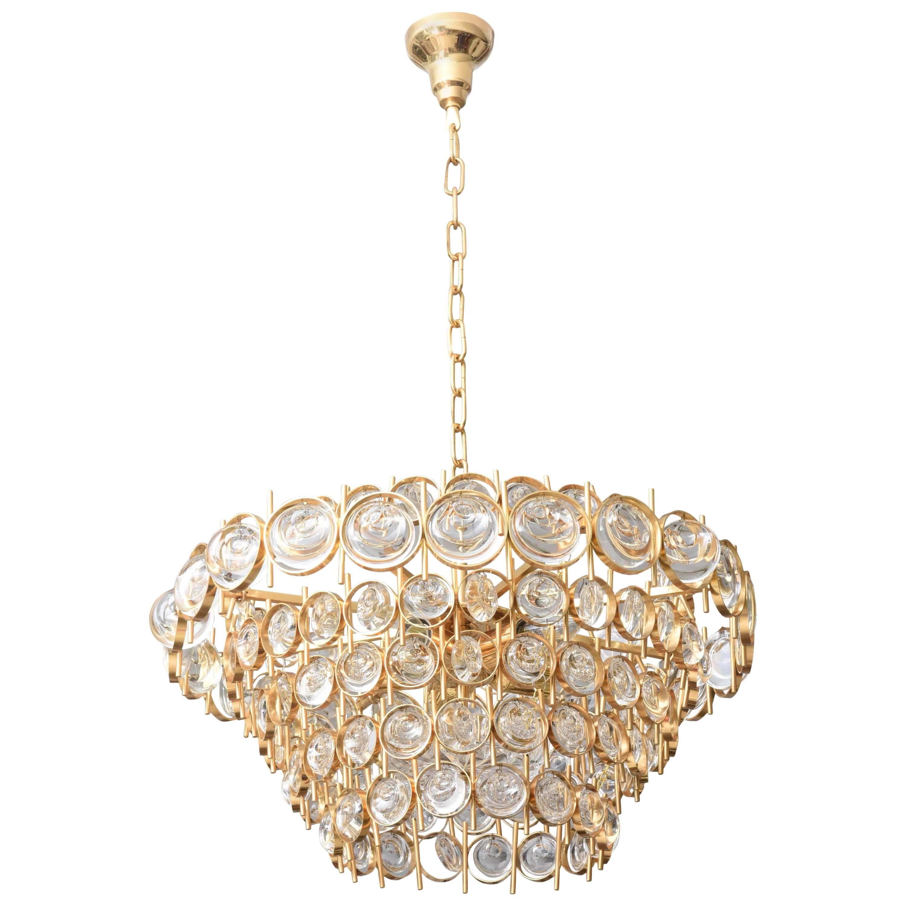 Hollywood Regency Style Polished Gold and Crystal Chandelier by Palwa
