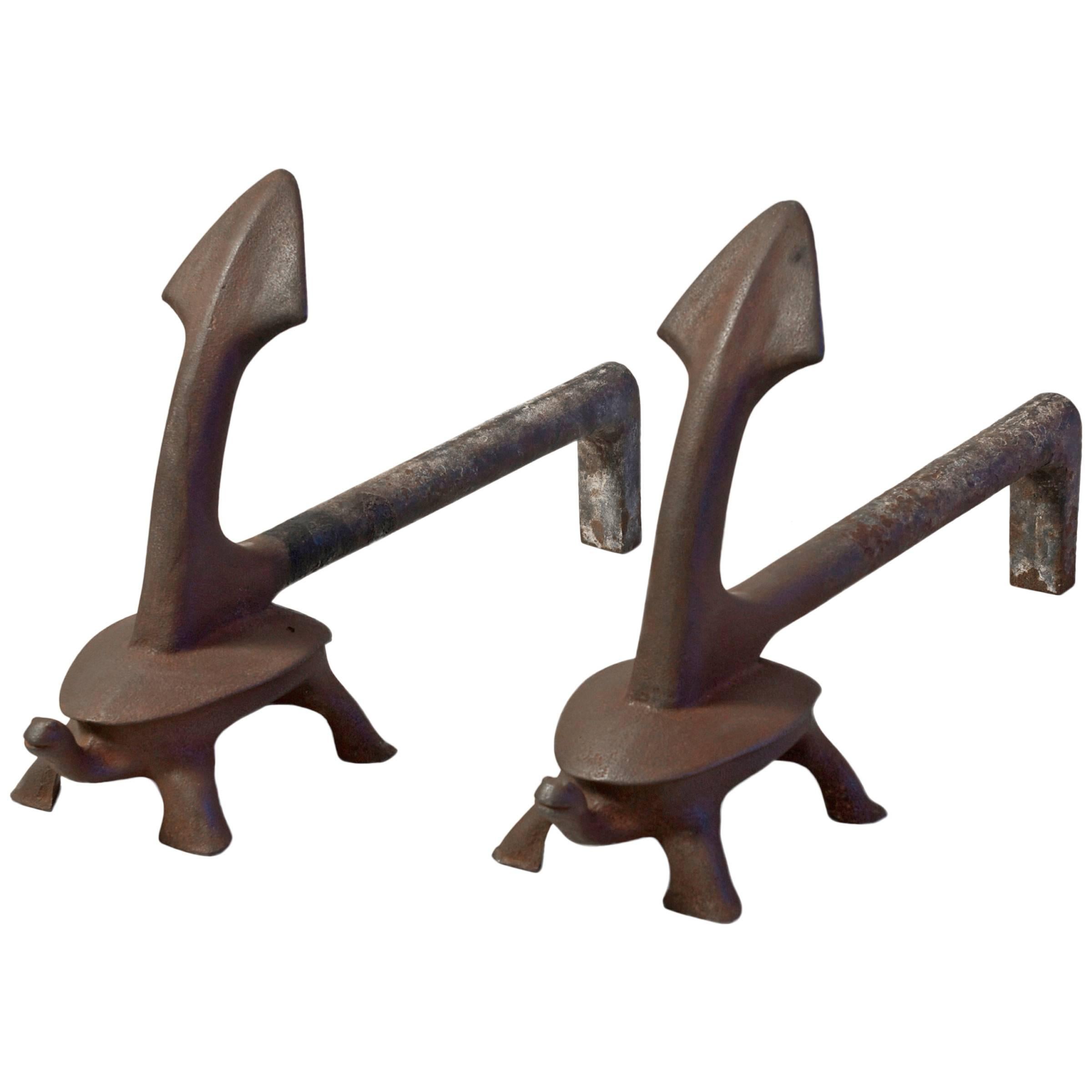 American Folk Art Cast Iron Turtle and Anchor Andirons For Sale