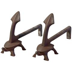 American Folk Art Cast Iron Turtle and Anchor Andirons