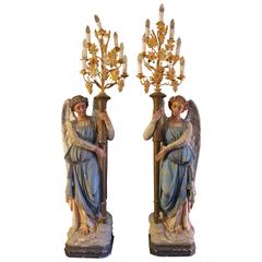 Pair of Angels France c. 1880 Golden Brass and Polychrome Plaster