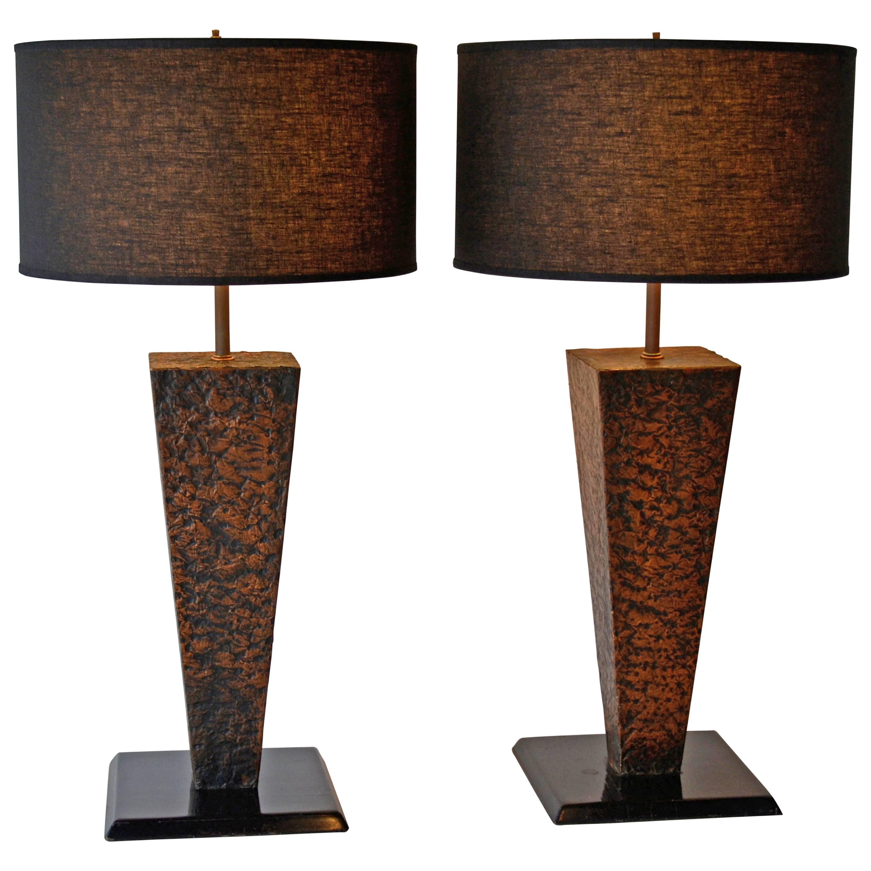 Pair of Hammered Copper Table Lamps Folk Art Handcrafted, 1950's