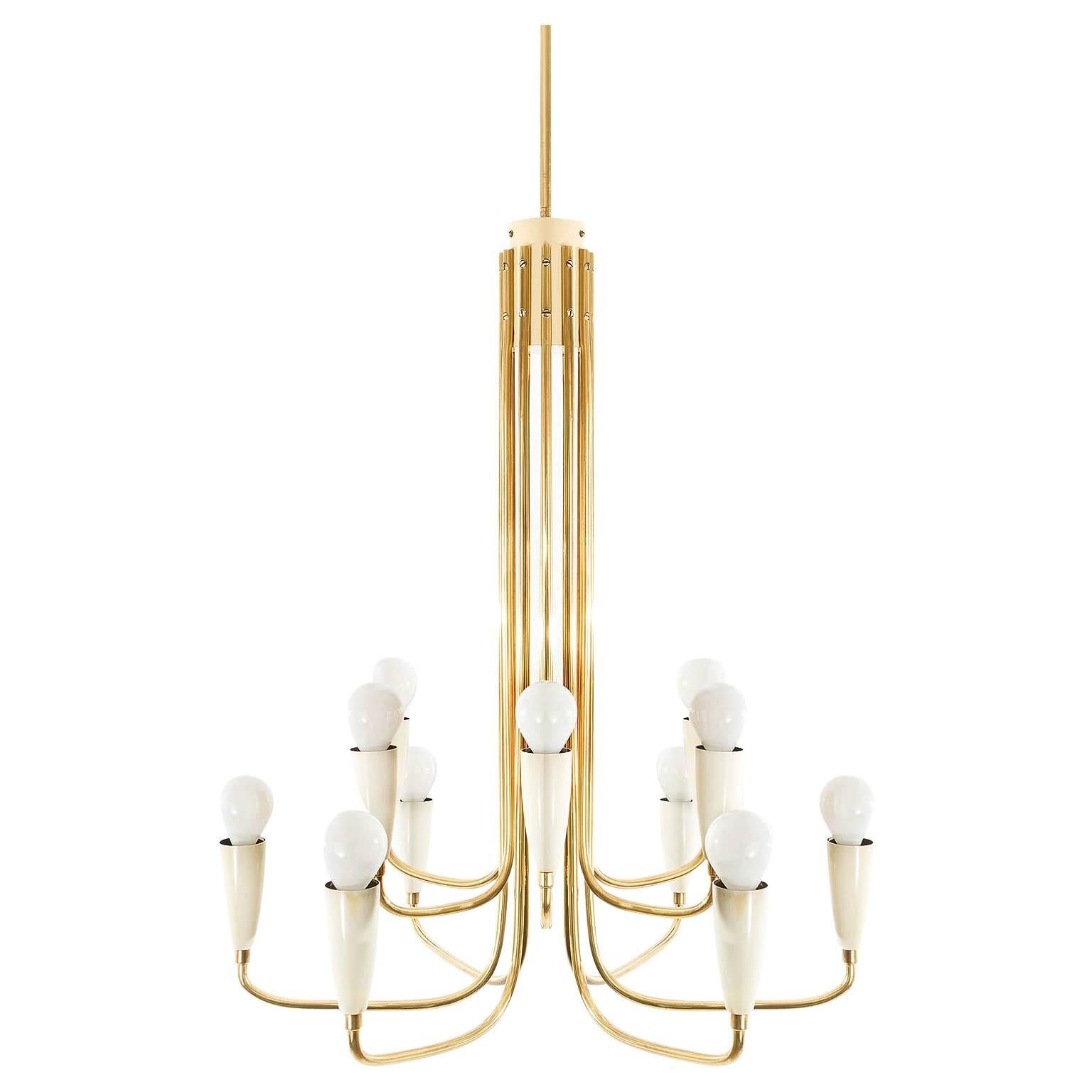 12-Arm Brass Chandelier Pendant Light, 1960s For Sale