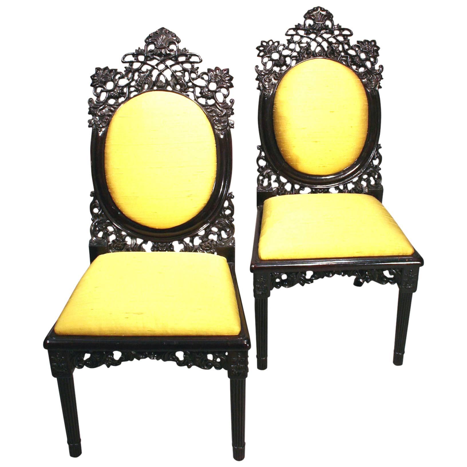 Pair of Antique Anglo-Indian Carved Ebony Side Chairs For Sale