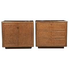 Pair of Burl Wood and Brass-Mounted Campaign Style Side Cabinets by John Stuart