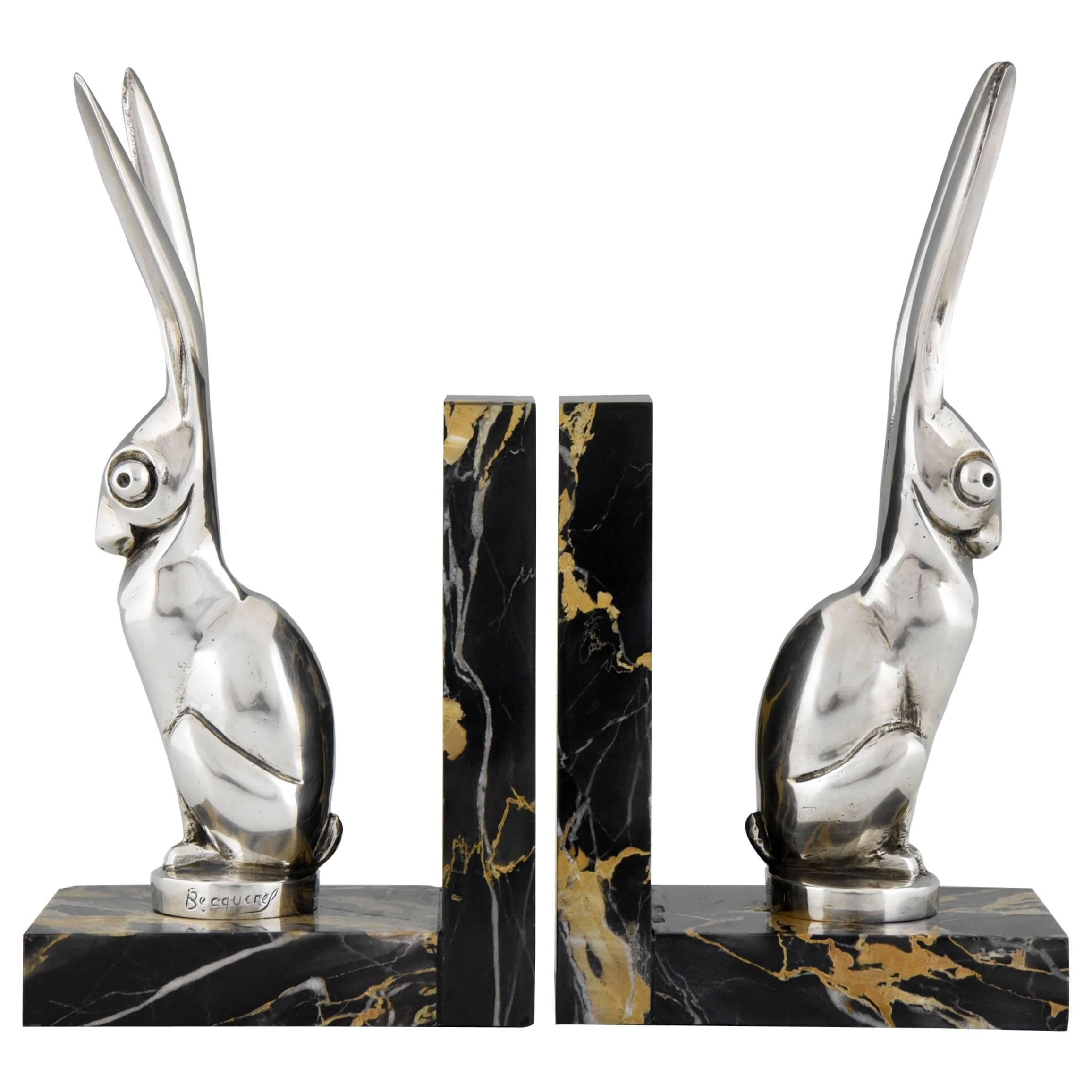 French Art Deco Silvered Bronze Hare Bookends by Becquerel, 1930