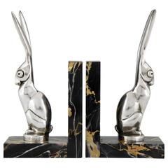 Vintage French Art Deco Silvered Bronze Hare Bookends by Becquerel, 1930