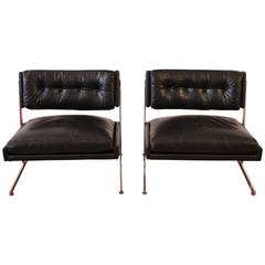 Harvey Probber Chrome and Black Leather Down Filled Lounge Chairs
