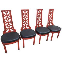 James Mont Style Suite of Four Red Enamel Carved Wood Decorator Chairs