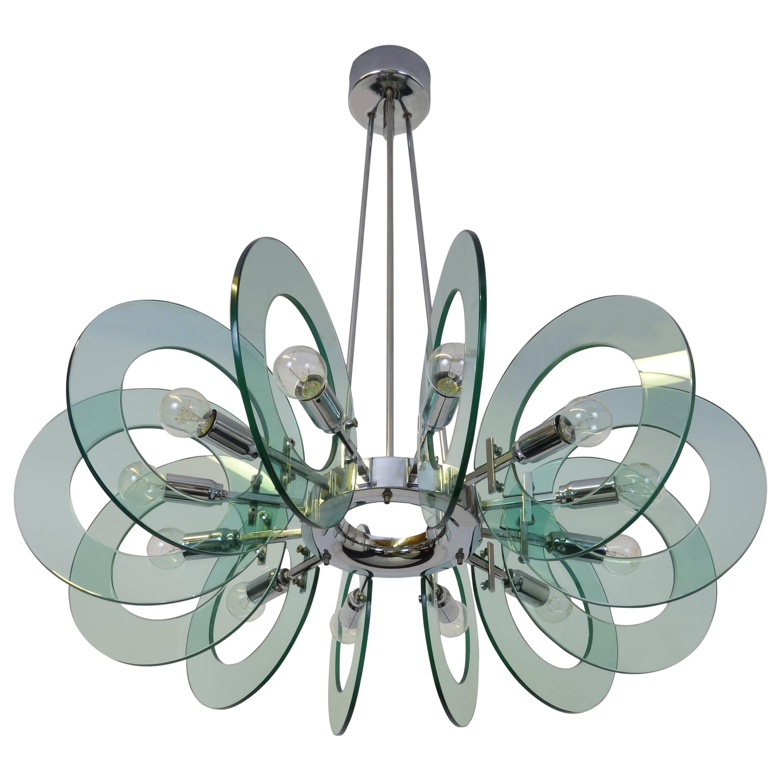 CHANDELIER By Fontana Arte Glassdiscs Green Blue Candelabra Luster Lustre For Sale