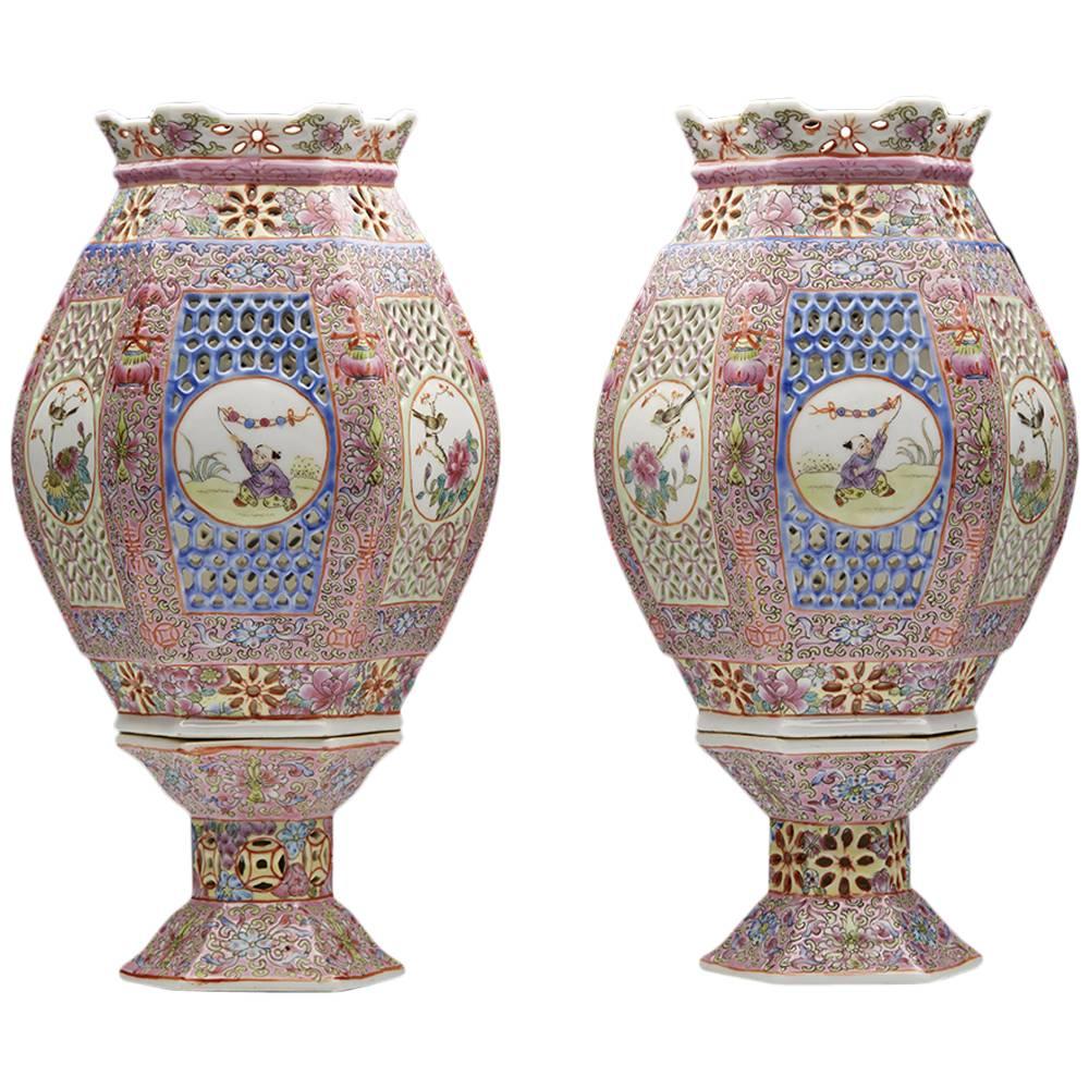 Vintage Pair Chinese Famille Rose Porcelain Lanterns, 19th to 20th Century