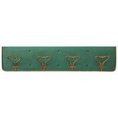 Vintage Italian Wall Mount Green Vinyl Coat Rack with Brass Hooks
