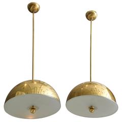 Pair of Italian Brass and Glass Mushroom Light Fixtures