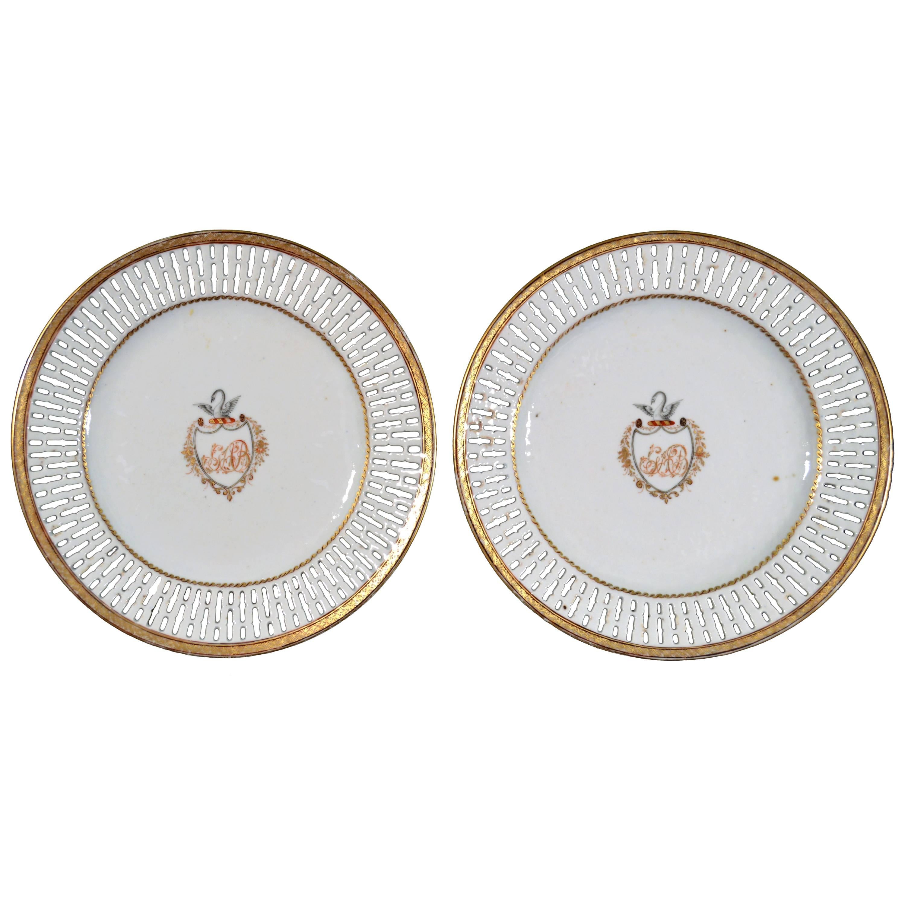 Pair of Chinese Export Crested Openwork Plates Made for Captain Blatchford