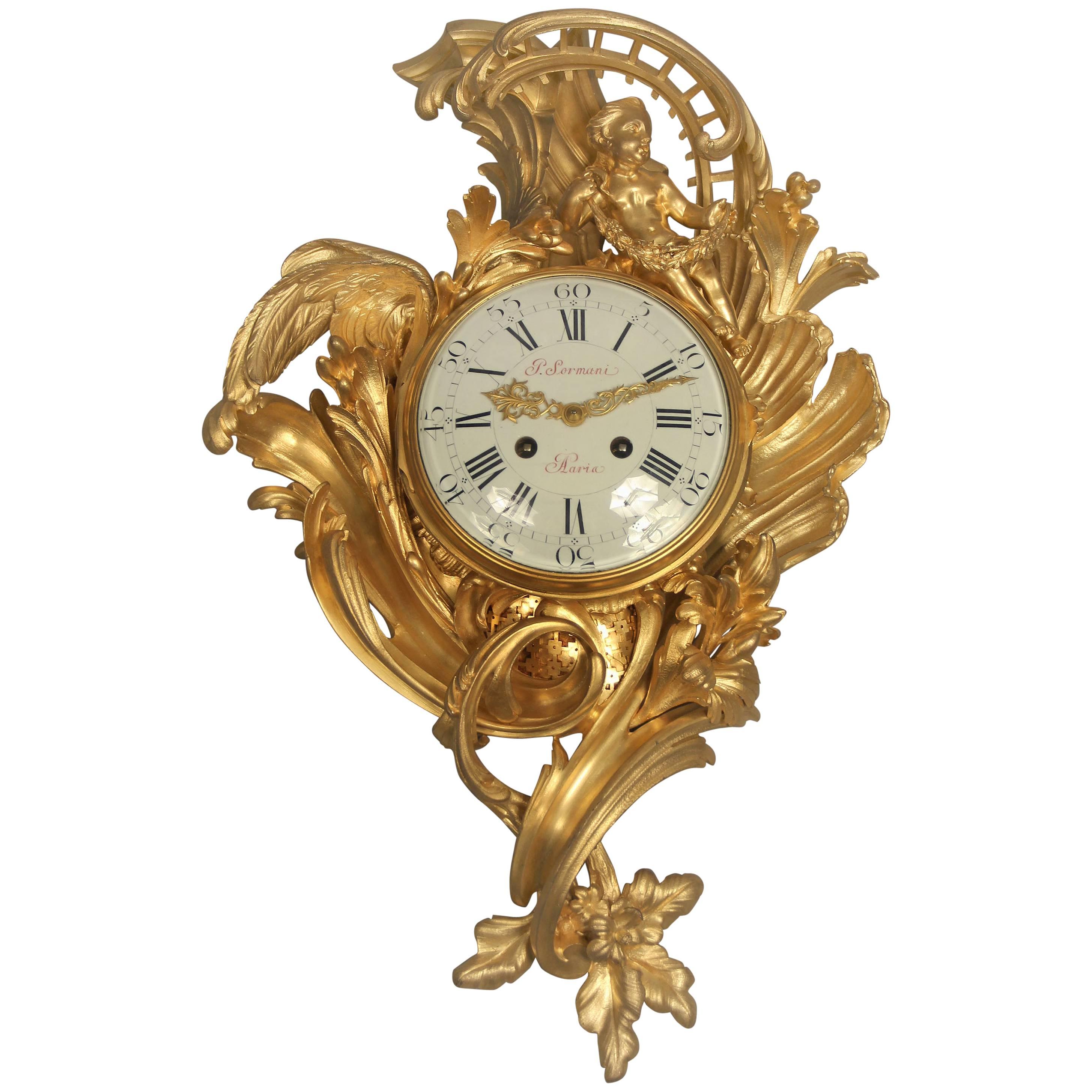 Feine Cartel-Uhr aus vergoldeter Bronze im Stil Louis XV des späten 19. Jahrhunderts von Paul Sormani