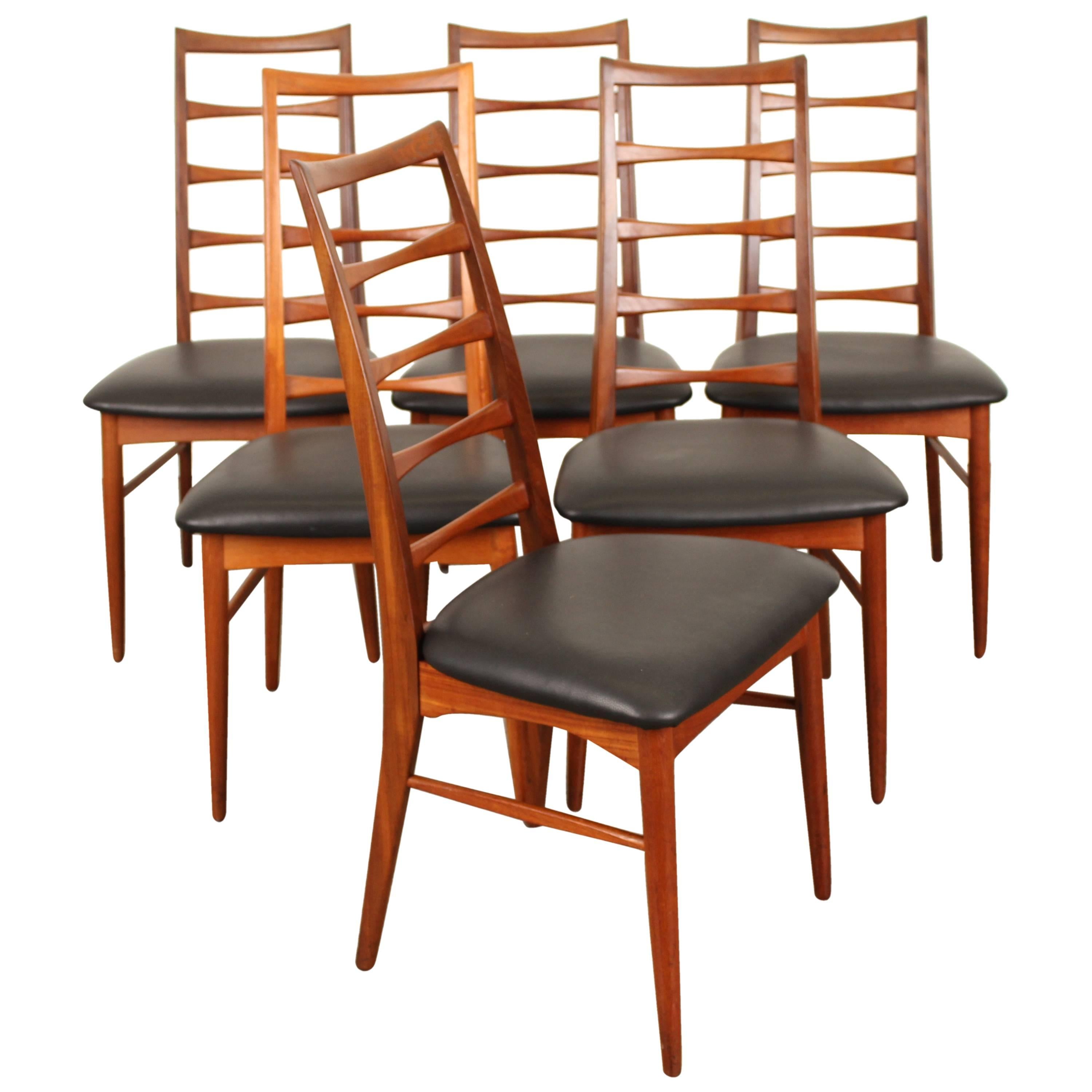 Set of Six Tall Ladder Back Teak and Leather Dining Chairs by Niels