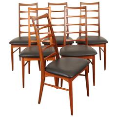 Set of Six Tall Ladder Back Teak and Leather Dining Chairs by Niels Kofoed