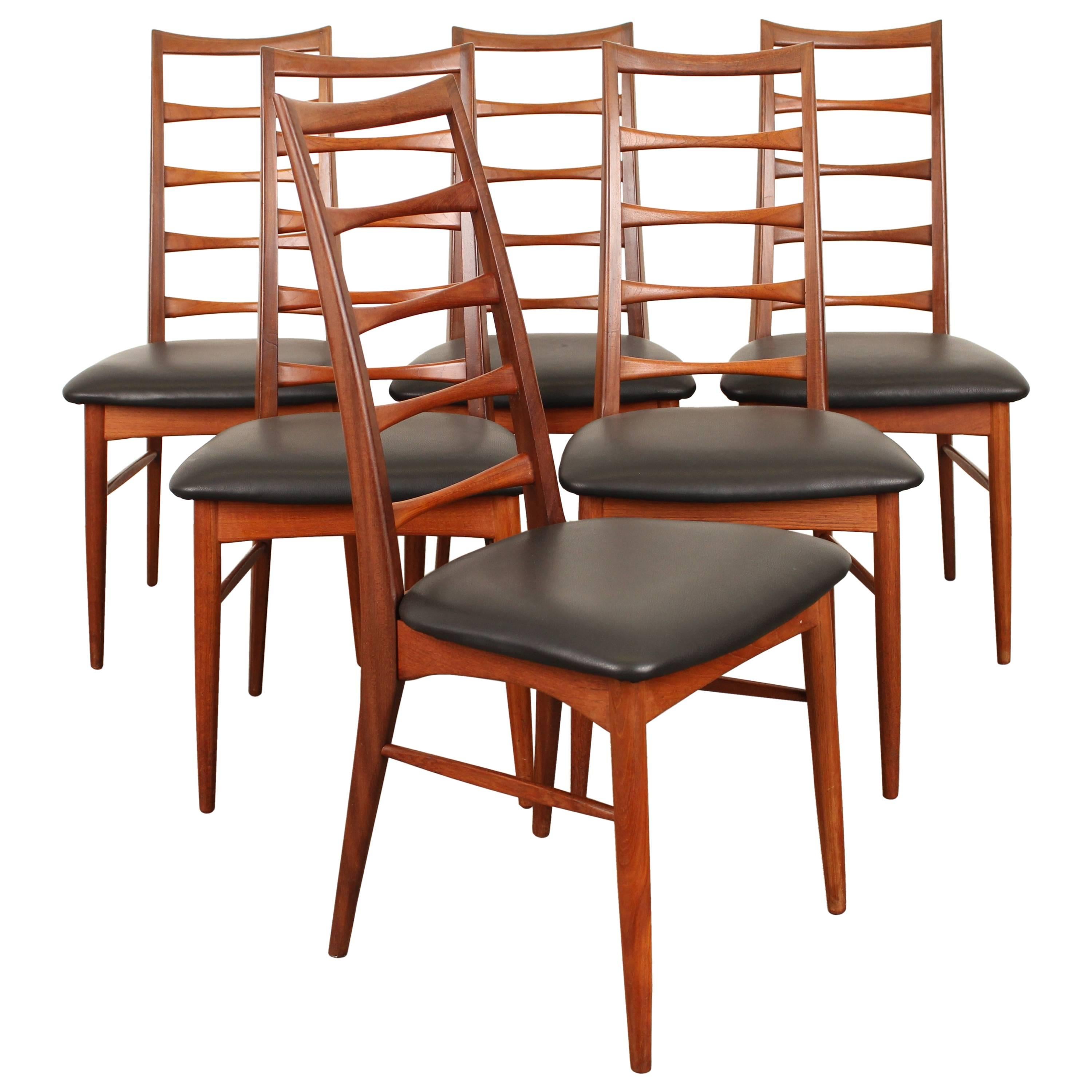 Set of Six Tall Ladder-Back Teak and Leather Dining Chairs by Niels Kofoed