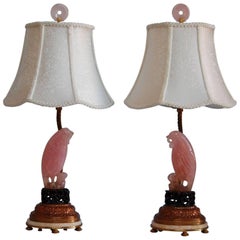 Antique Pair of Carved Rose Quartz Dressing Table Lamps with Custom Silk Shades, C. 1925