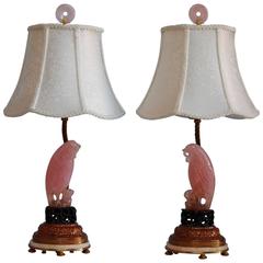 Pair of Carved Rose Quartz Dressing Table Lamps with Custom Silk Shades 8
