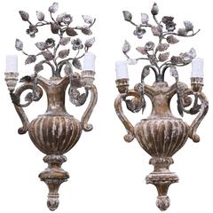 Pair of Italian Two-Light Carved Wood and Iron Sconces