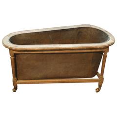 Antique French Early 19th Century Copper Bathtub in Rolling Walnut Frame