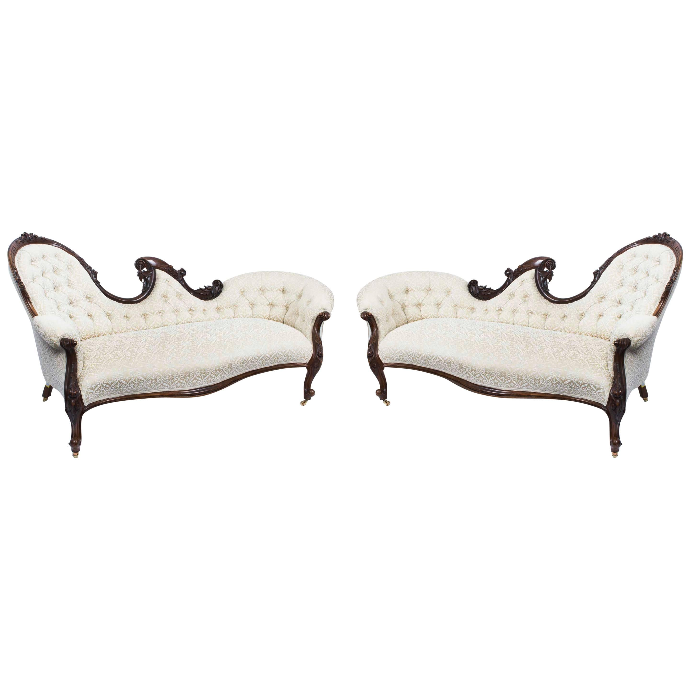 Antique Pair of Victorian Walnut Sofa Chaise Settees, circa 1870