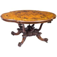 Antique Marquetry Basket Base Oval Loo Table, circa 1870