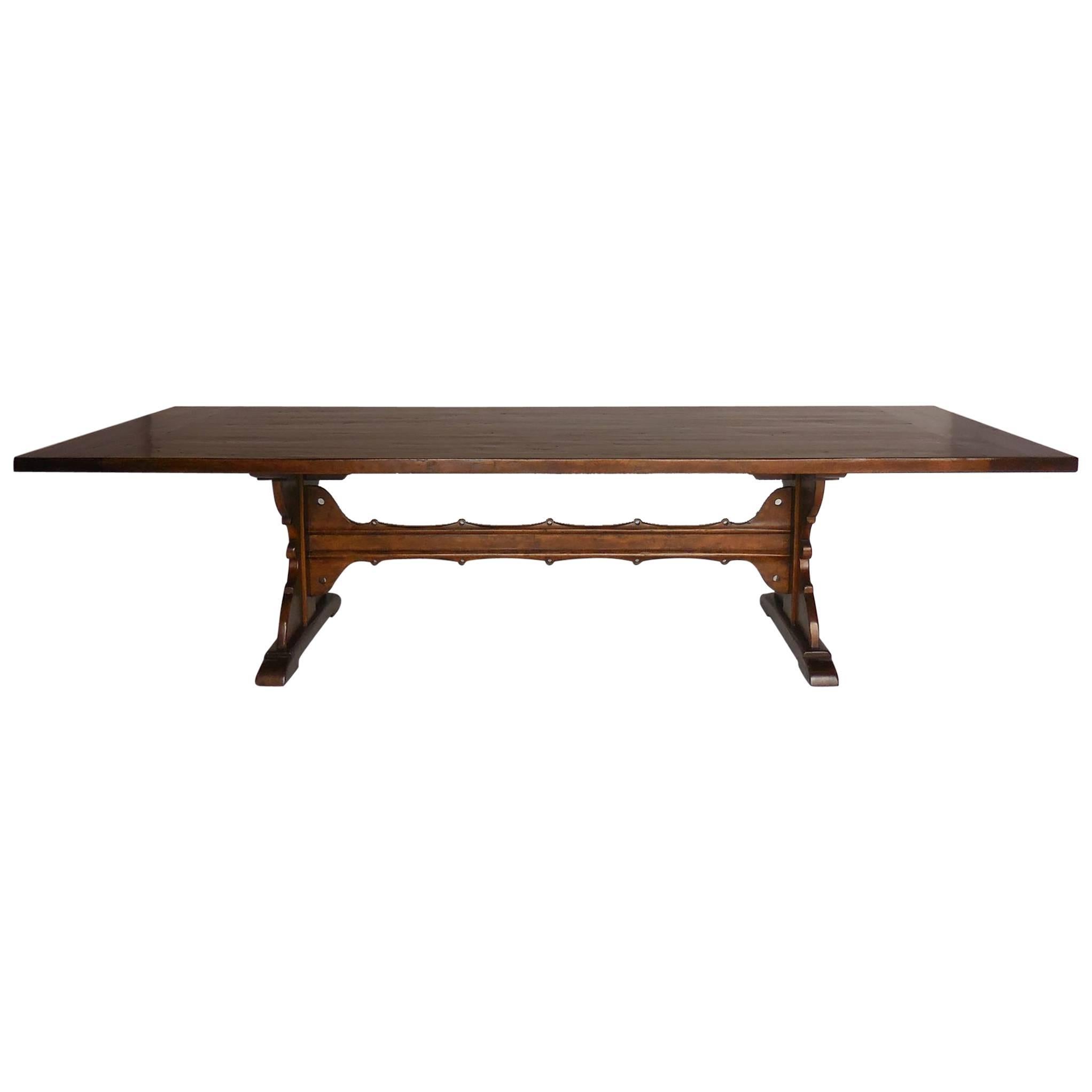 Dos Gallos Custom Walnut Wood Table with Decorative Base and Stretcher For Sale