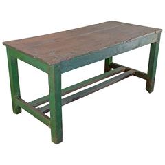 Large French Industrial Wooden Table with Green Paint
