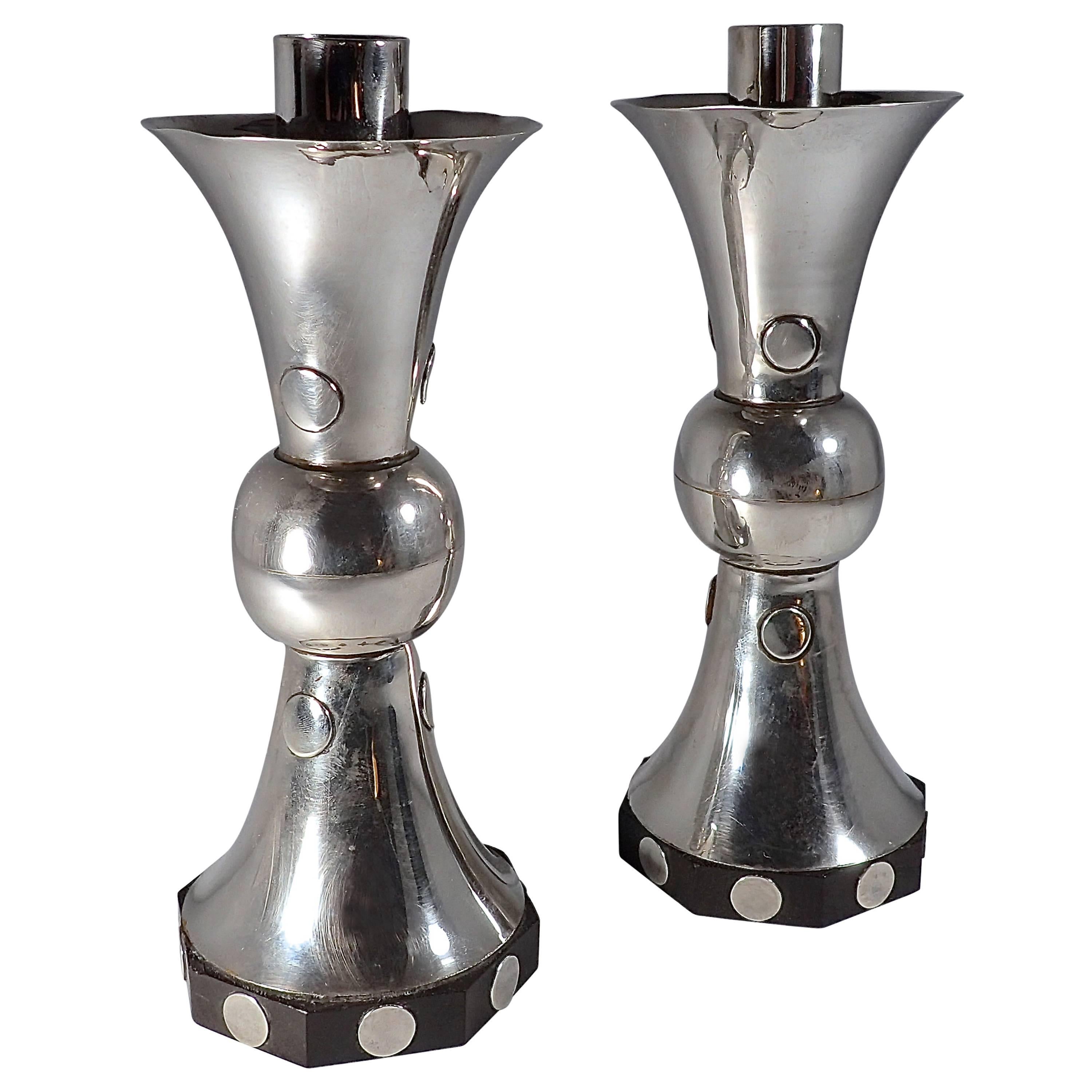 William Spratling Candlesticks with Dots and Ebony Wood Base  For Sale