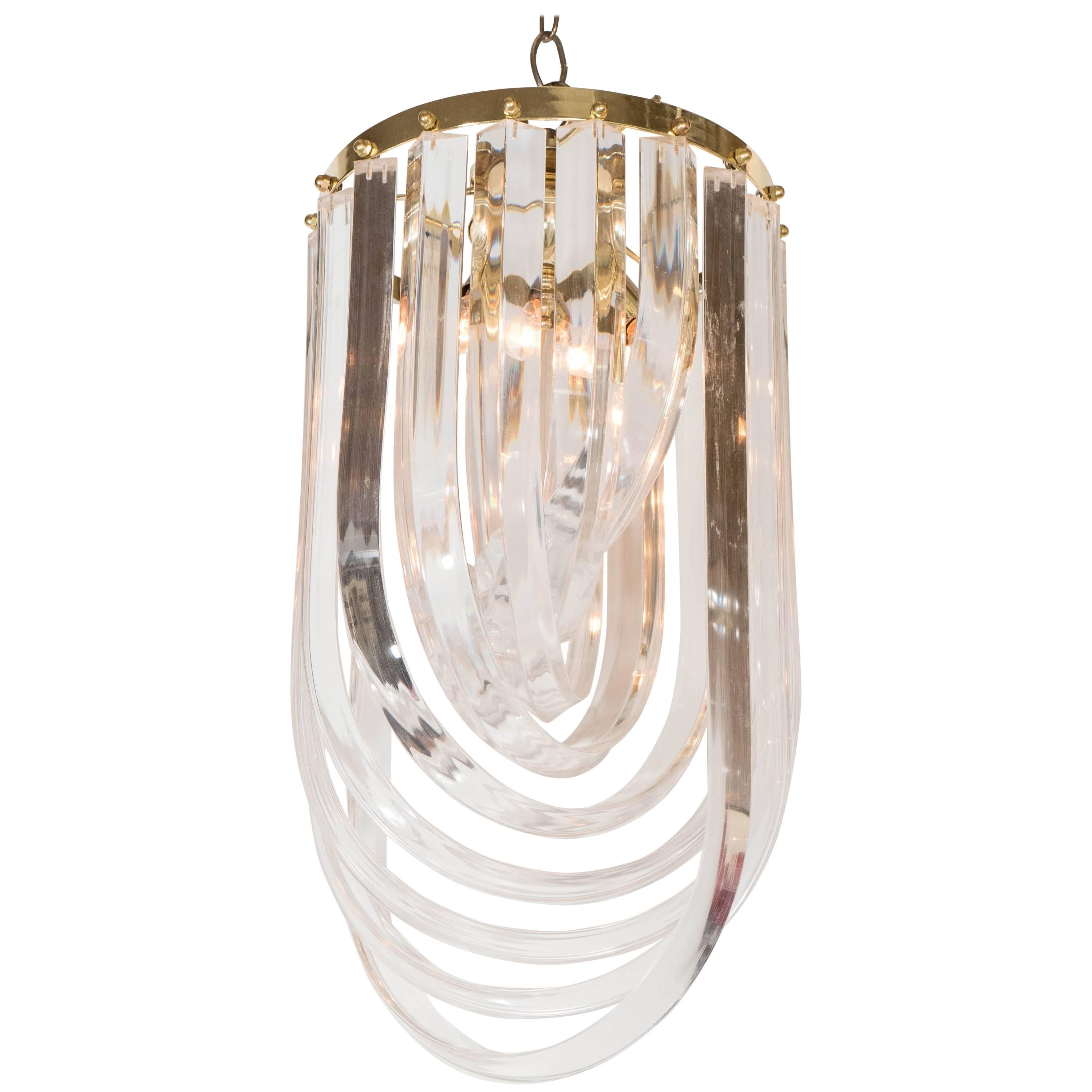 Mid-Century Looped Lucite and Brass Small Chandelier
