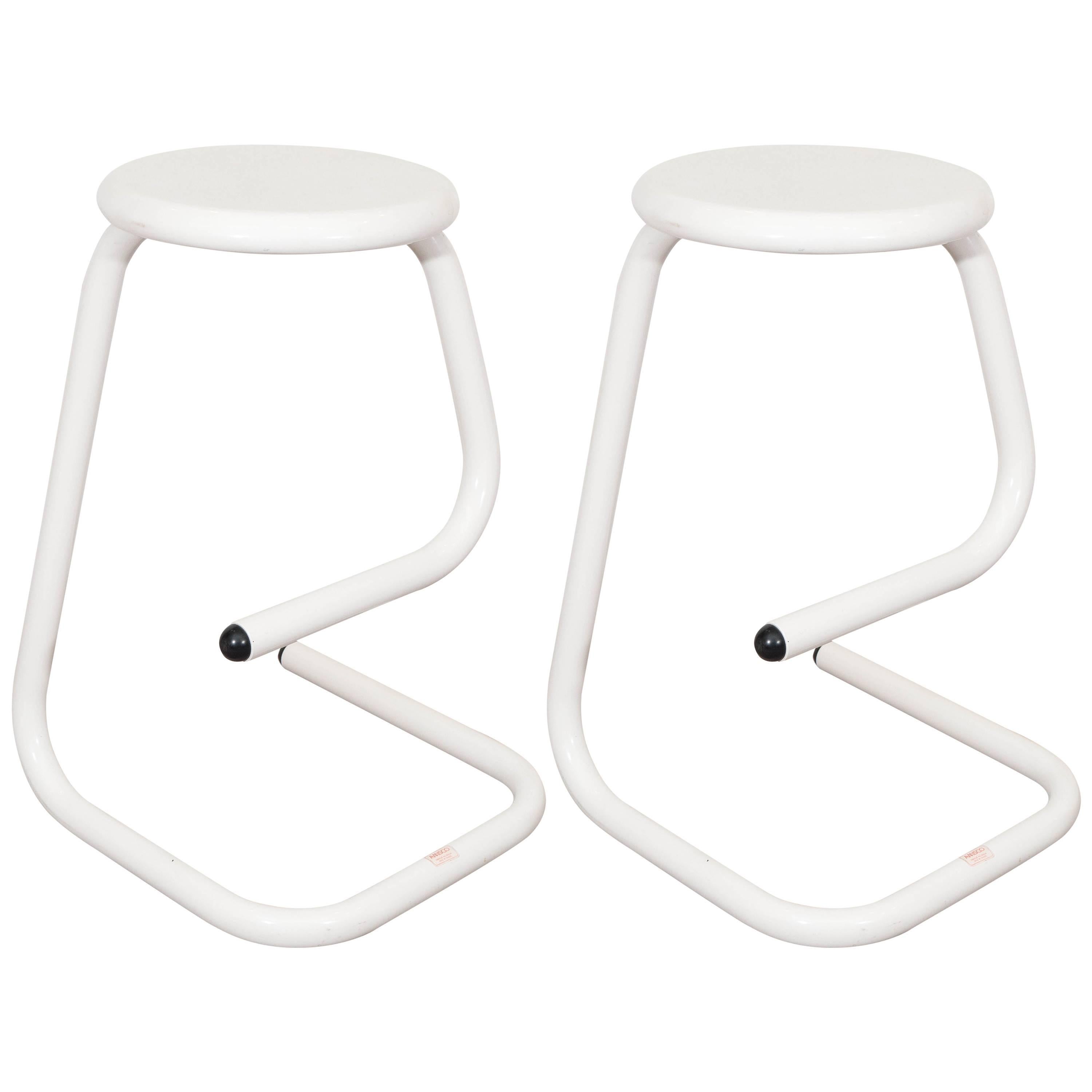 Pair of White Tubular Paperclip Bar Stools for Amisco
