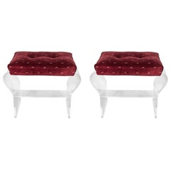 Pair of Lucite Benches with Crimson Velvet Seats by Hill Manufacturing