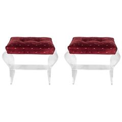 Pair of Lucite Benches with Crimson Velvet Seats by Hill Manufacturing 11
